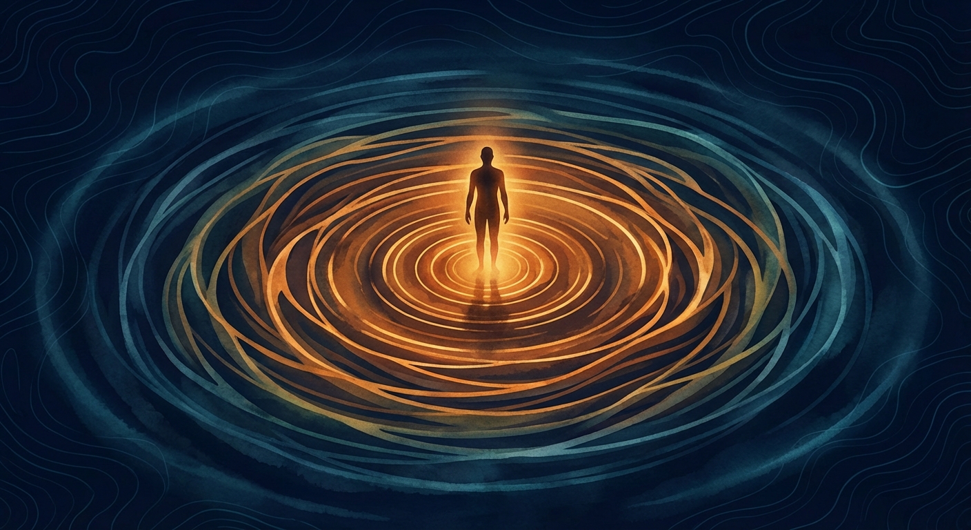 Loop-Closing Radius: Concentric rings from Task Execution through Project Delivery, Problem Framing, to Ambiguity to Shipped Outcome, mapped against Context Density and Complexity.